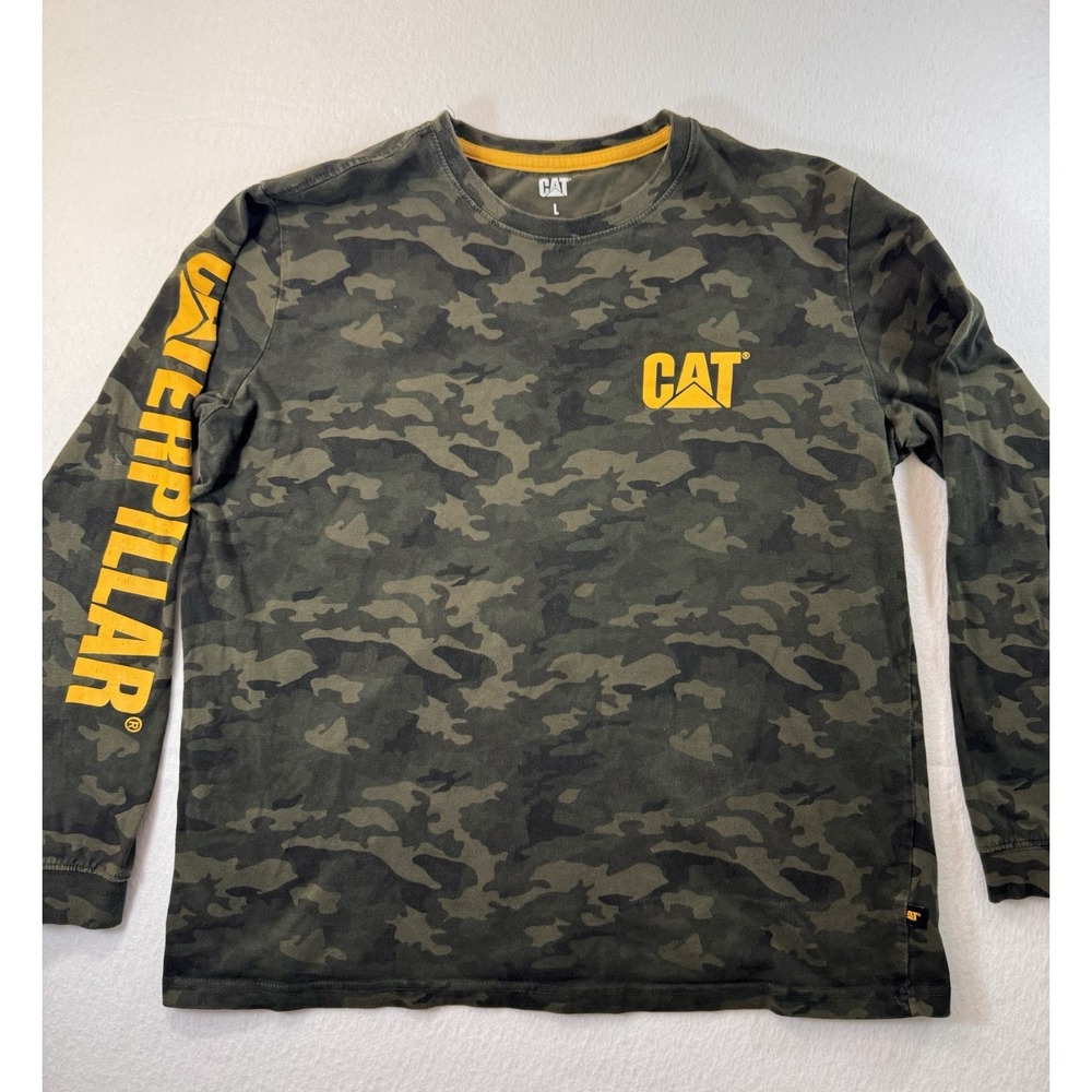 Caterpillar CAT Mens Long Sleeve T Shirt Large Green Camo Logo Spelled Out
